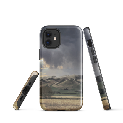 Designer phone case with NZ landscape painting of Te Hauke and cloudy skies by Ben Hart.