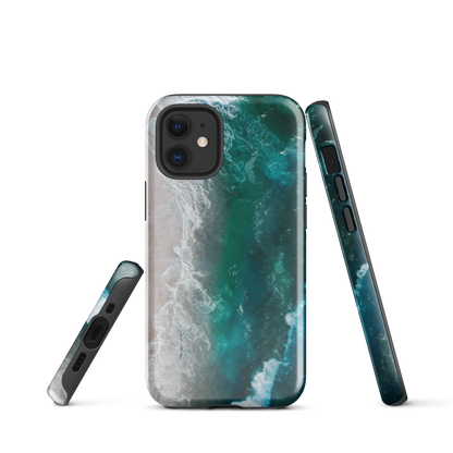 Ocean wave phone case with abstract beach design in teal and white, by NZ artist Ben Hart.