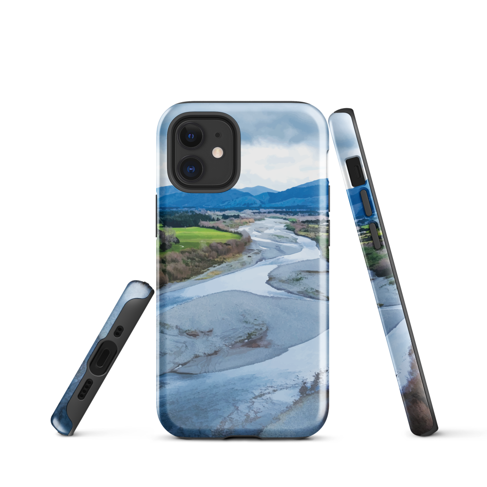 Waiohine phone case featuring artwork of New Zealand’s braided riverbed landscape in the Wairarapa.