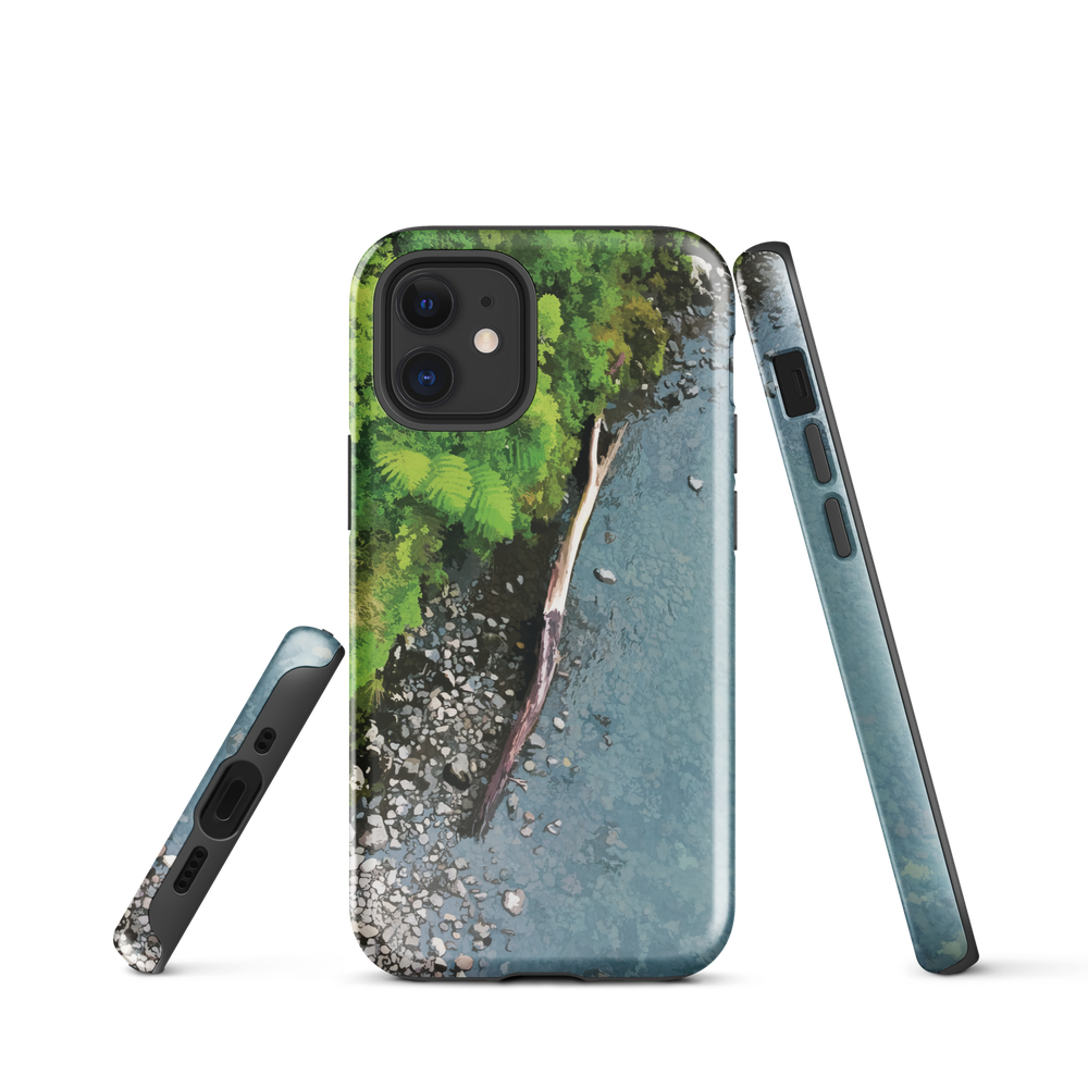 Resting Place phone case with aerial artwork of river rocks, green bush, and driftwood in a New Zealand stream.