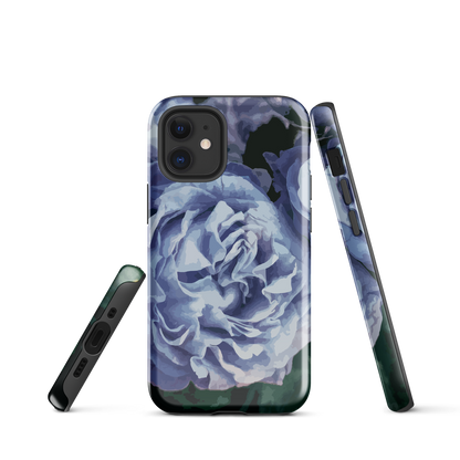 Designer phone case with a bold blue rose artwork and glossy finish.