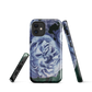 Designer phone case with a bold blue rose artwork and glossy finish.