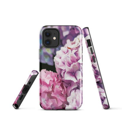 Designer phone case with pink and purple hydrangea floral artwork.
