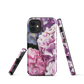Designer phone case with pink and purple hydrangea floral artwork.