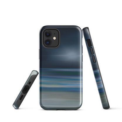 Dark abstract phone case with blue and grey streaks and glossy finish.