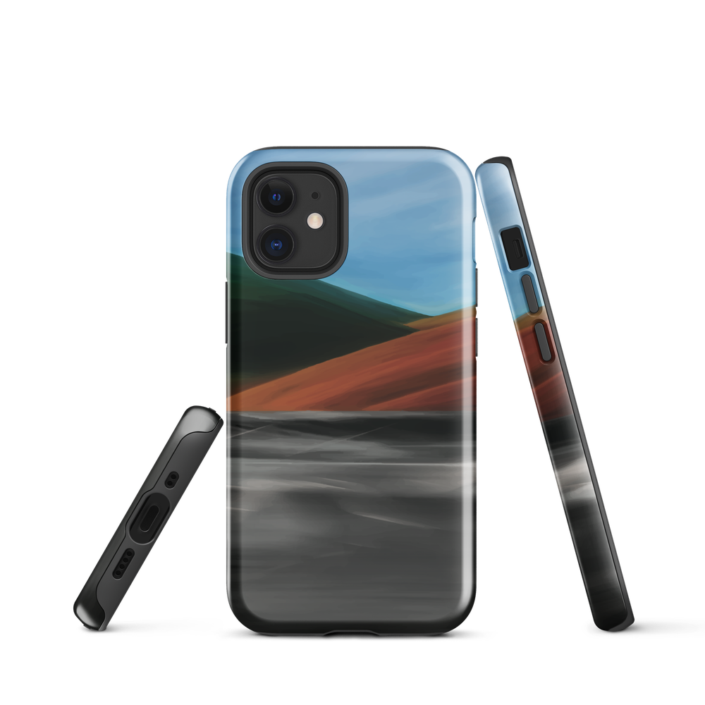 Phone case with abstract red, green, and blue heat wave landscape design.