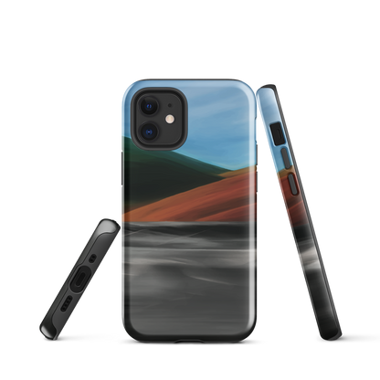 Phone case with abstract red, green, and blue heat wave landscape design.