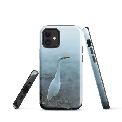 Phone case with a white heron standing in a misty wetland scene.