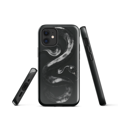 Phone case with detailed black python design on dark background.