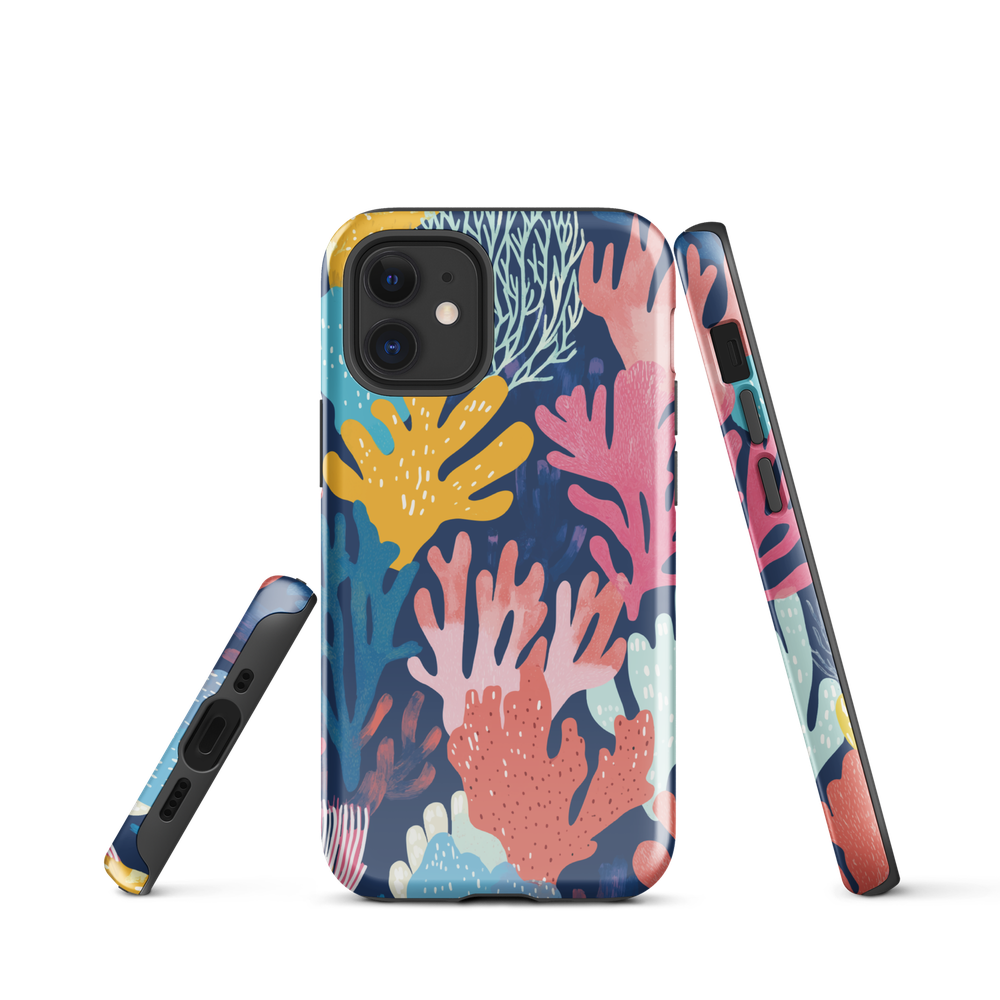 Colourful coral reef phone case design in pink, blue and yellow by NZ artist Ben Hart
