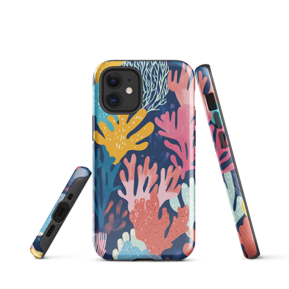 Colourful coral reef phone case design in pink, blue and yellow by NZ artist Ben Hart