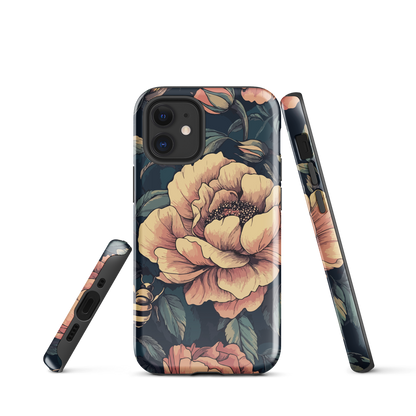 Phone case with vintage-style pink roses and bees on dark background, floral New Zealand artwork.