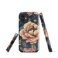 Phone case with vintage-style pink roses and bees on dark background, floral New Zealand artwork.