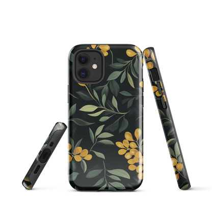 NZ Kowhai phone case with native yellow floral and green leaves on black background by designer Ben Hart.