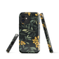 NZ Kowhai phone case with native yellow floral and green leaves on black background by designer Ben Hart.