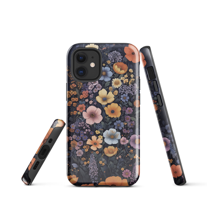 Phone case with colourful wildflowers on dark background, floral art design