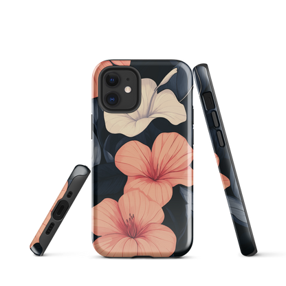 Phone case with coral hibiscus flowers and ivory blooms on dark background