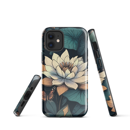 Phone case with ivory water lily, green leaves, and butterfly accents on dark background