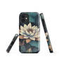 Phone case with ivory water lily, green leaves, and butterfly accents on dark background