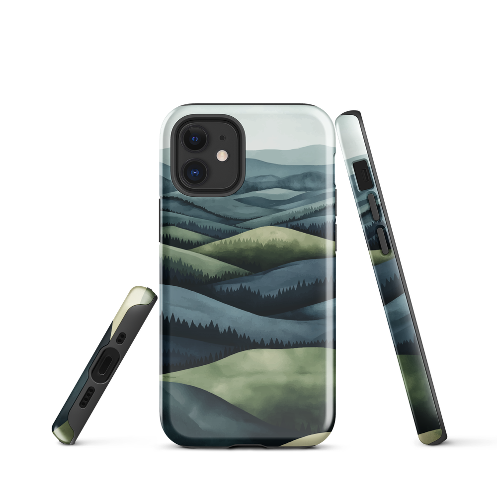 Phone case with layered mountain and forest landscape in blue and green hues