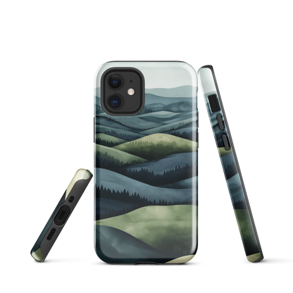 Phone case with layered mountain and forest landscape in blue and green hues