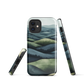 Phone case with layered mountain and forest landscape in blue and green hues