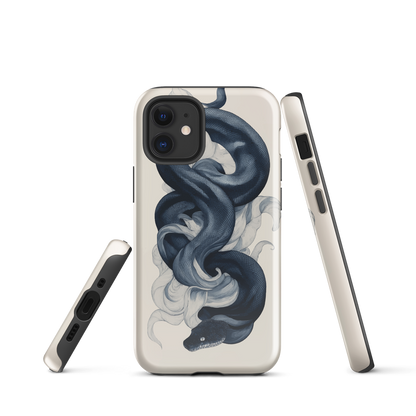 Phone case with black python and smoke design on cream background