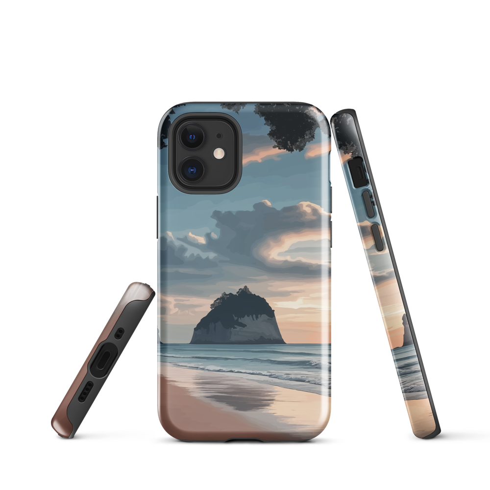Phone case with Cathedral Cove beach and sunset scene, featuring soft skies and sea stack