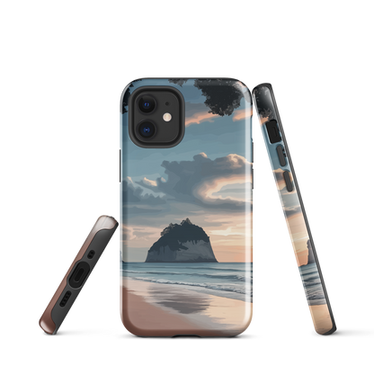 Phone case with Cathedral Cove beach and sunset scene, featuring soft skies and sea stack