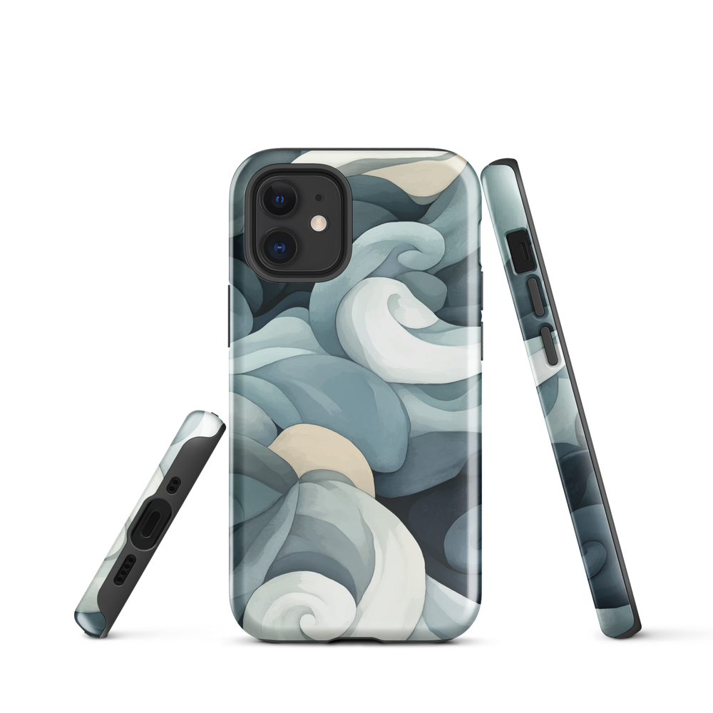 Phone case with abstract swirling ocean waves in blue and cream