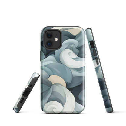 Phone case with abstract swirling ocean waves in blue and cream