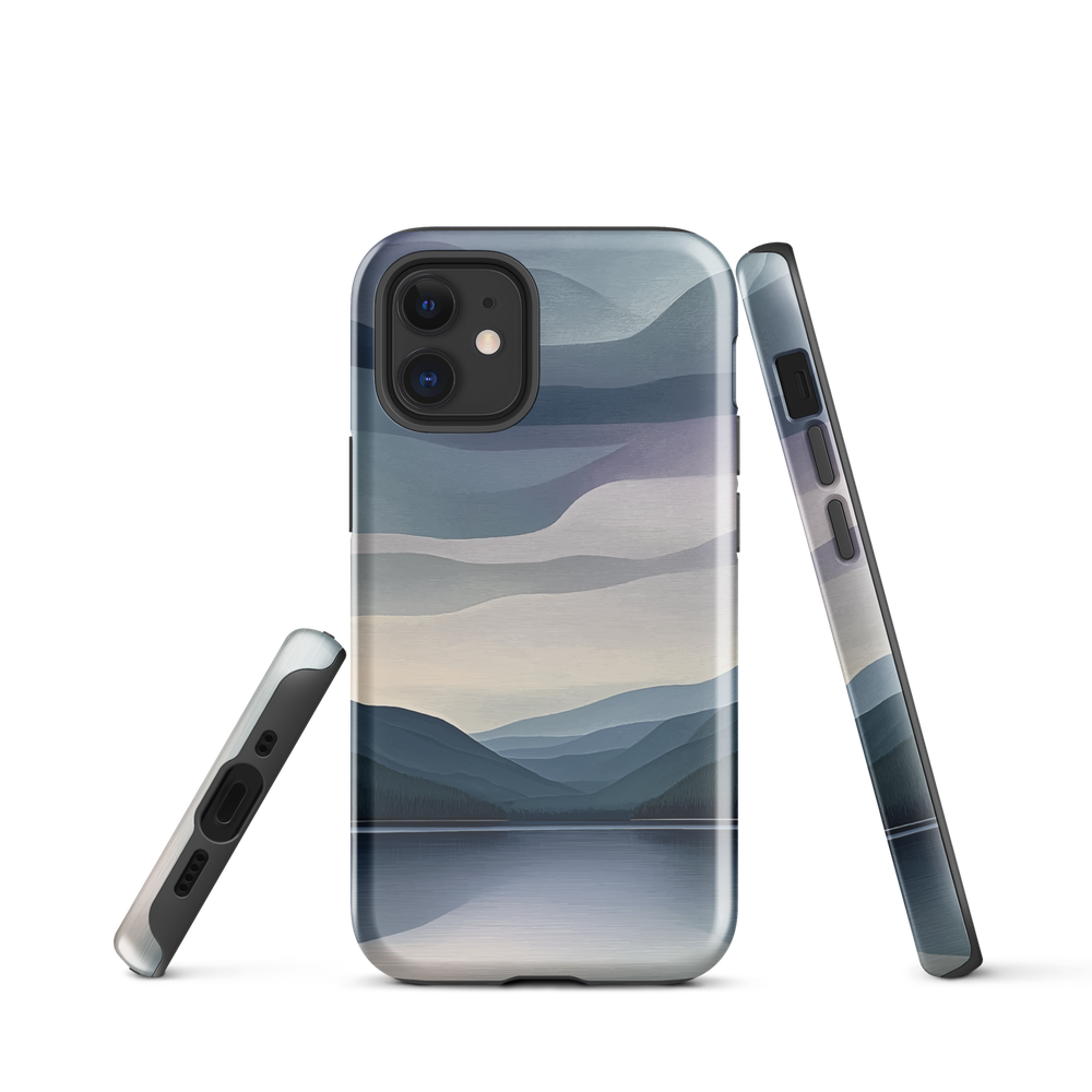 Phone case with moody blue and purple layered mountain and lake landscape artwork