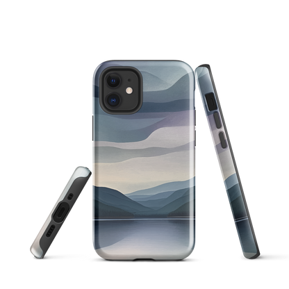 Phone case with moody blue and purple layered mountain and lake landscape artwork