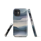 Phone case with moody blue and purple layered mountain and lake landscape artwork