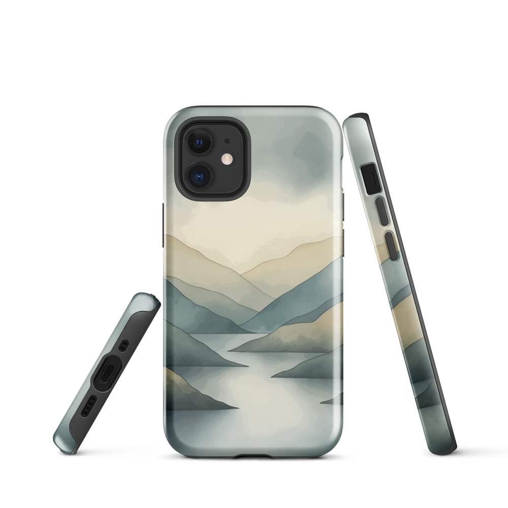 Phone case with soft mountain and valley design in misty green, blue, and golden tones
