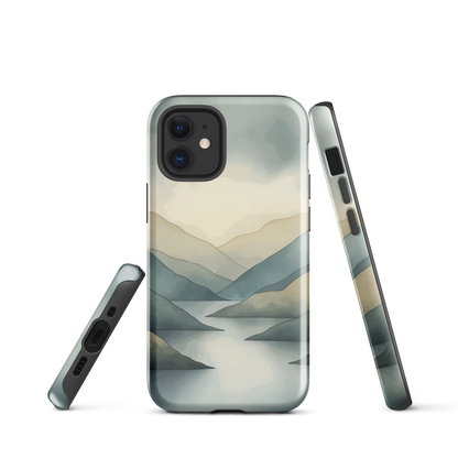 Phone case with soft mountain and valley design in misty green, blue, and golden tones