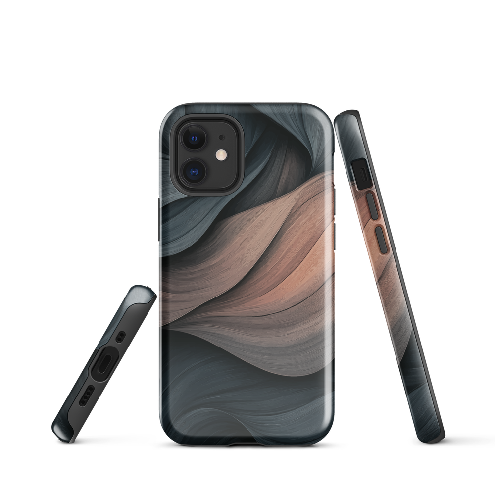 Phone case with flowing abstract design in black, copper and charcoal tones, inspired by dusk shadows
