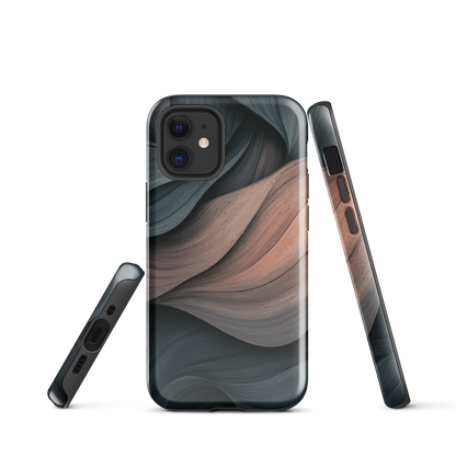Phone case with flowing abstract design in black, copper and charcoal tones, inspired by dusk shadows