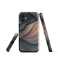 Phone case with flowing abstract design in black, copper and charcoal tones, inspired by dusk shadows