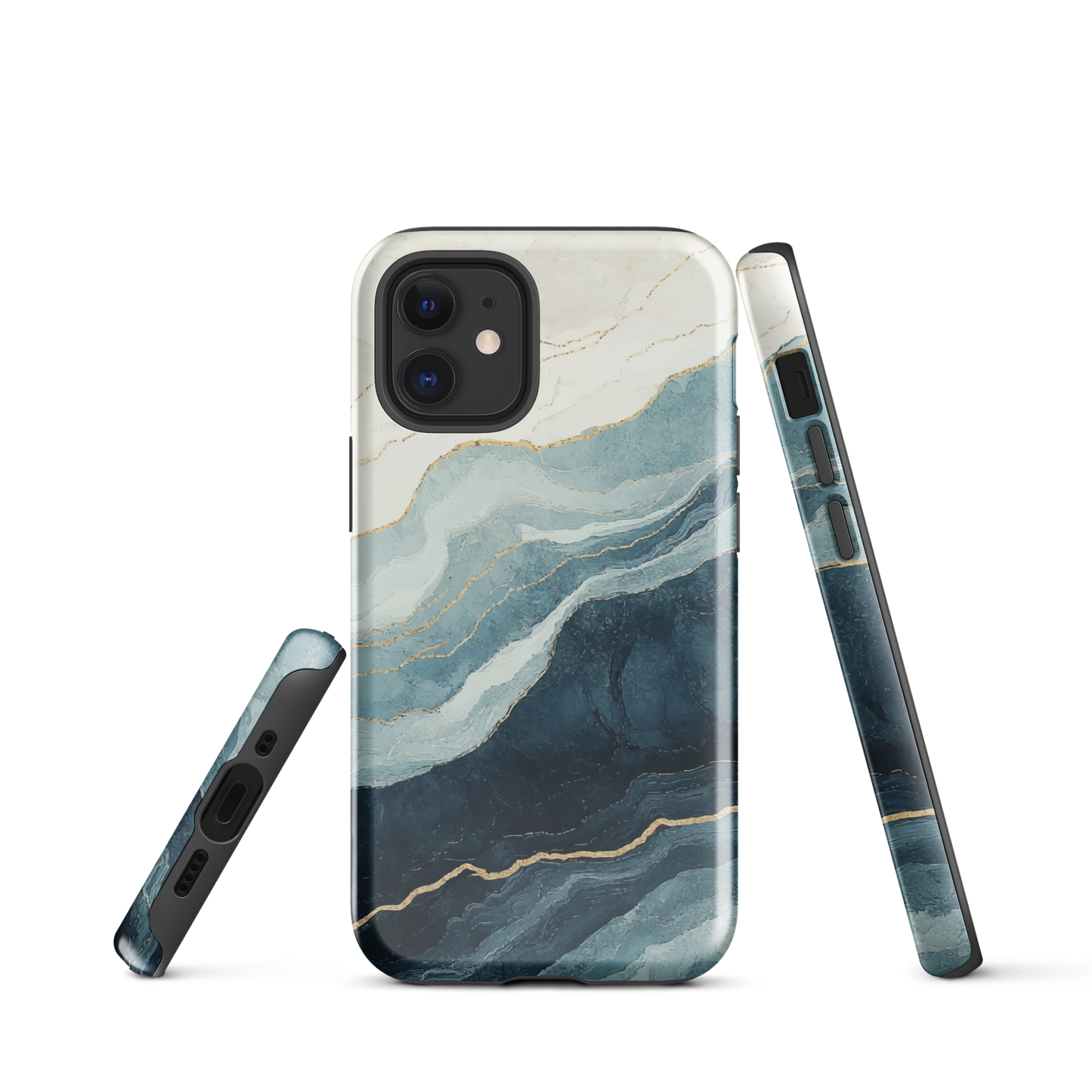 An elegant abstract phone case inspired by layered coastal forms in blue and teal tones.