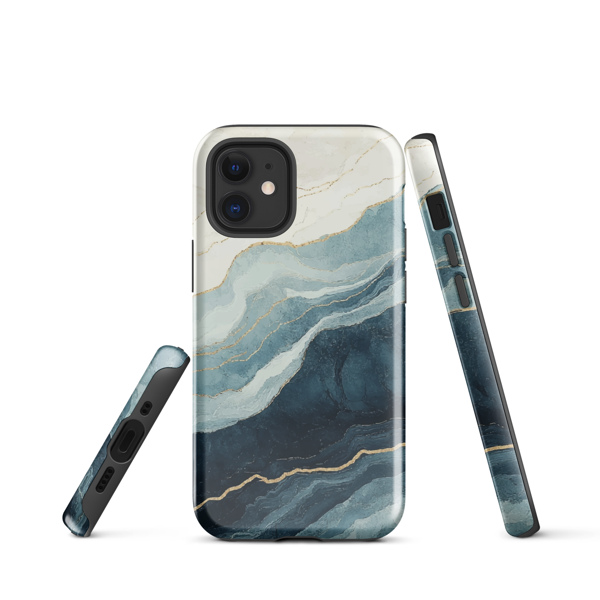 An elegant abstract phone case inspired by layered coastal forms in blue and teal tones.
