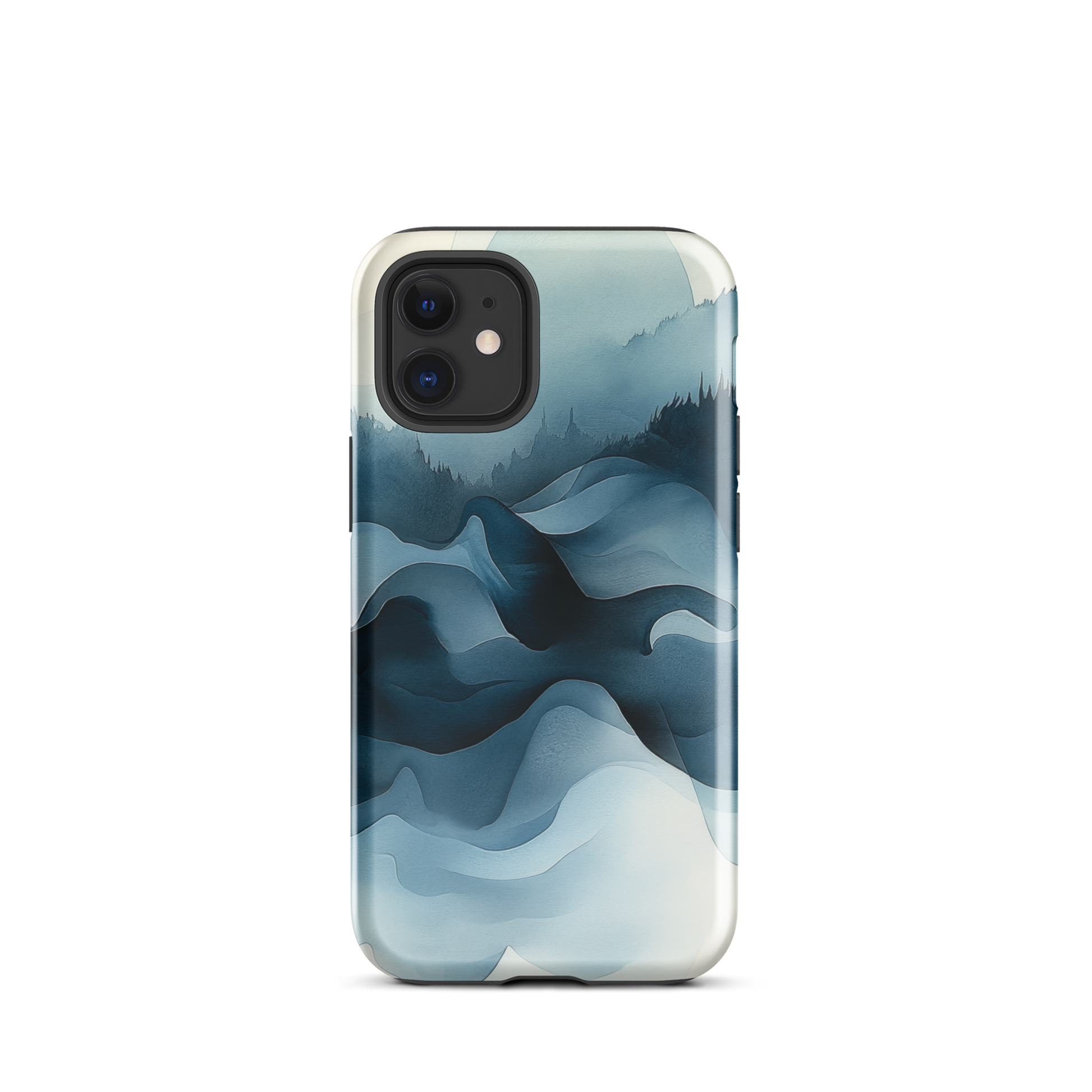 A calming abstract landscape protective phone case inspired by quiet valleys and soft blue tones.