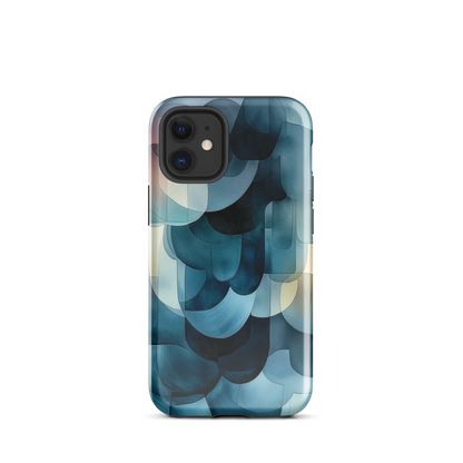 A modern abstract phone case featuring layered blue forms and soft flowing shapes.