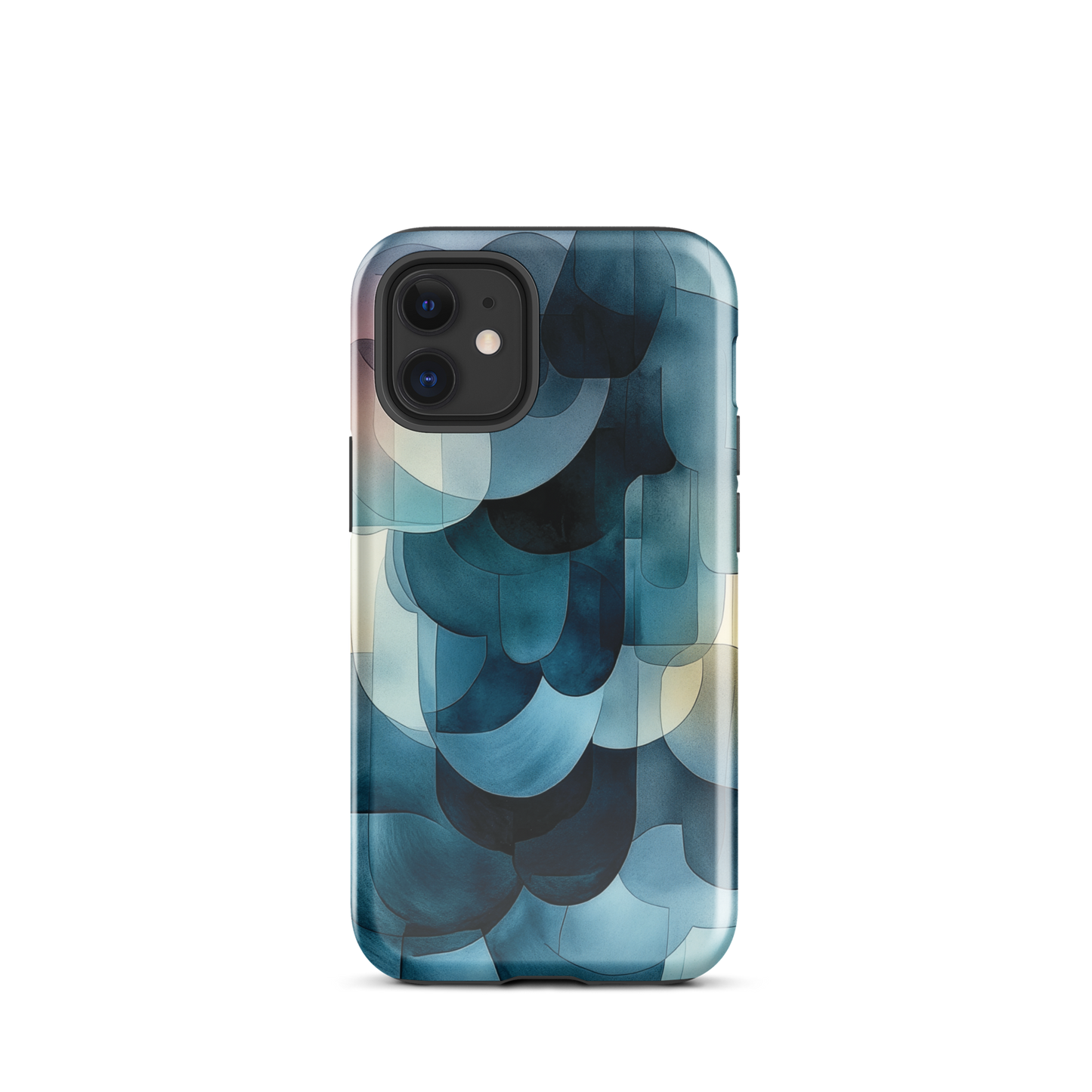 A modern abstract phone case featuring layered blue forms and soft flowing shapes.