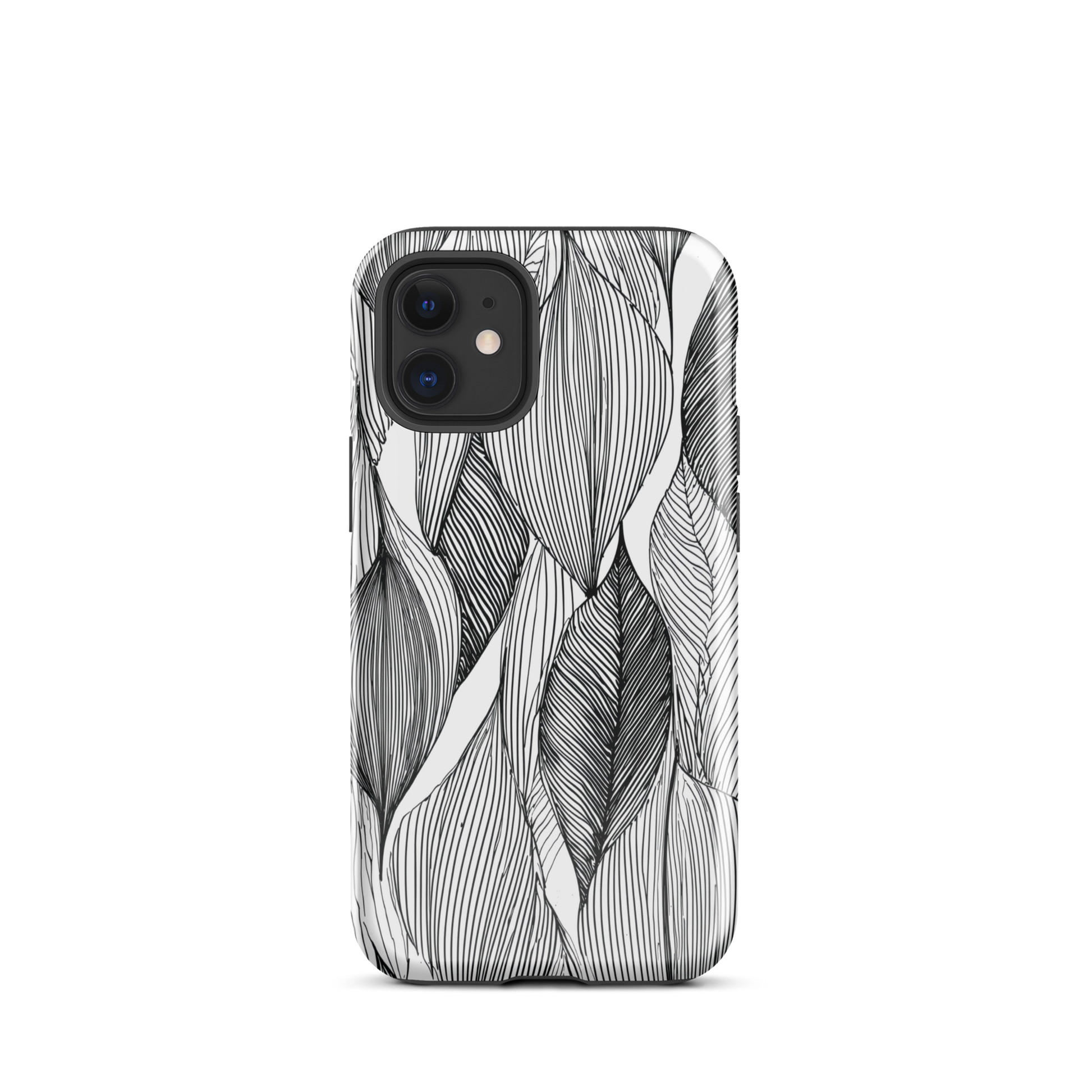 A minimalist phone case featuring fine black botanical linework in a repeating leaf pattern.