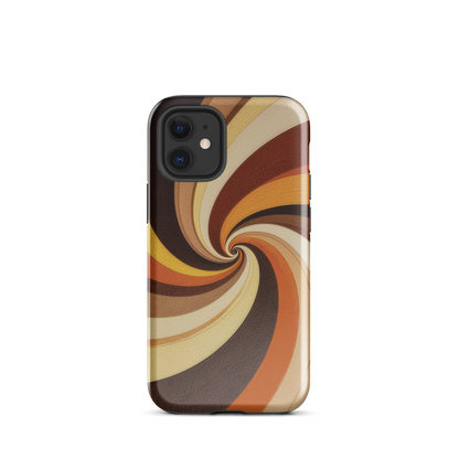 A retro-inspired phone case featuring warm swirling patterns in orange, yellow, and brown tones.