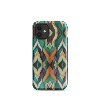 A bold geometric phone case featuring layered shapes in rich, earthy tones.