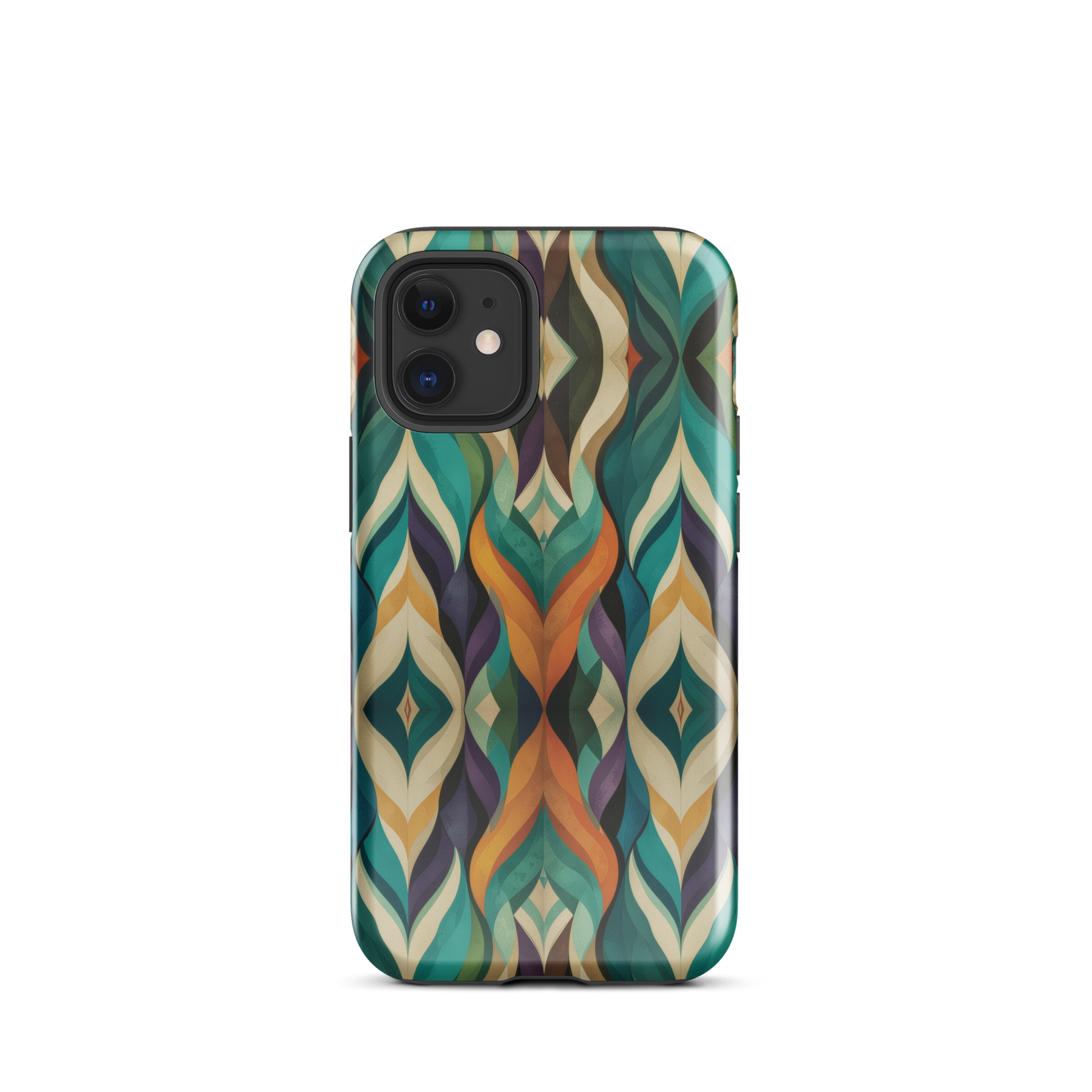 A bold geometric phone case featuring layered shapes in rich, earthy tones.
