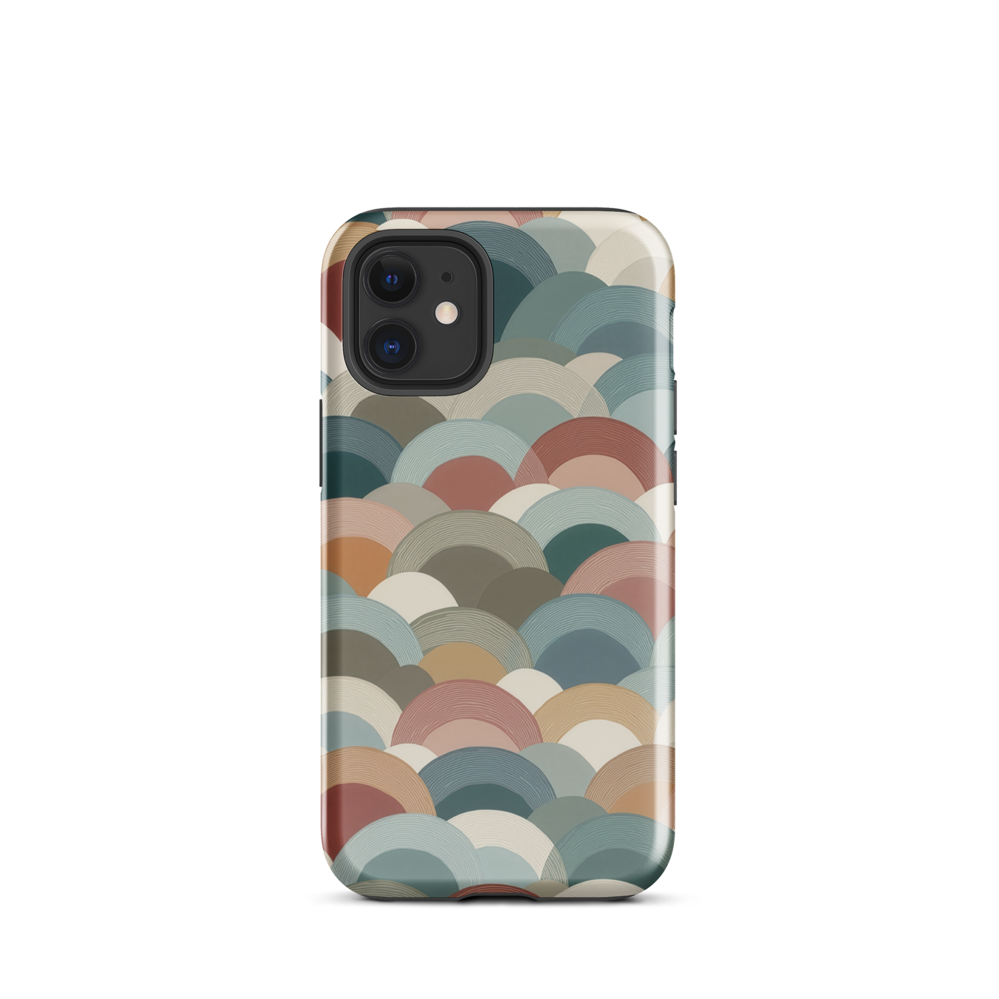 A soft retro-inspired phone case featuring layered arc shapes in warm, earthy tones.