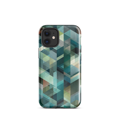 Modern abstract geometric phone case in teal and blue tones with layered retro-inspired shapes.
